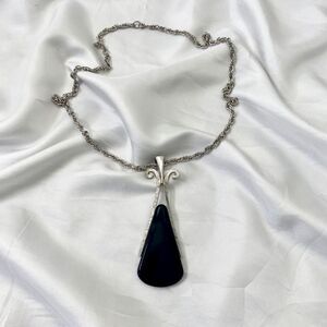 Vintage Chunky Silver Long Witchy Gothic Large Black Stone Necklace